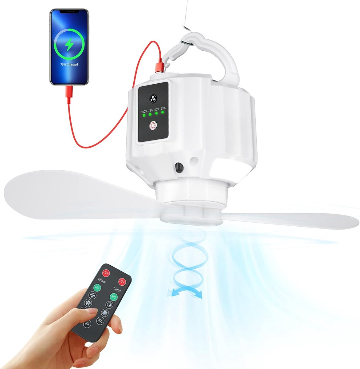 Campingventilator met LED licht en USB-aansluiting – Oplaadbare ventilator voor tent en buitengebruik – Draagbare ventilator met 3 snelheden en afstandsbediening
