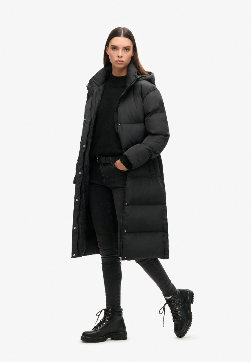 Superdry Longline Hooded Puffer Coat Dames Jas Zwart