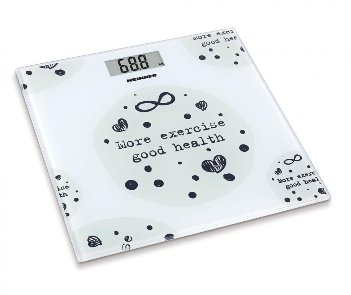 Heinner Digitale Personenweegschaal – Maximaal 150 kg – Glazen Platform – Automatische In- en Uitschakeling – LCD-display – Overbelastingsindicator – Wit met Motivatieprint