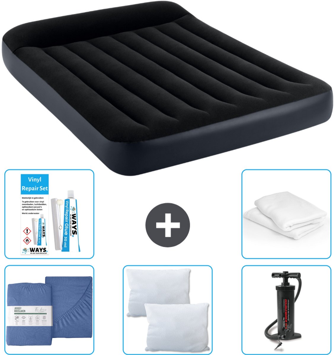 Intex Luchtbed - Twijfelaar - 137 x 191 x 25 cm - Donkerblauw - Inclusief Hoeslaken - Kussen - Pomp - Reparatieset en Kussenbeschermer