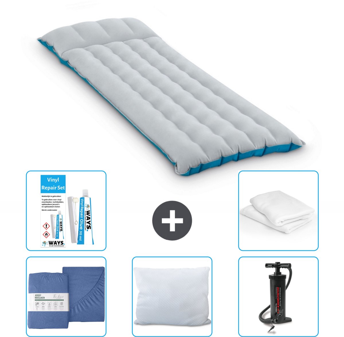 Intex Campingmat - 1-Persoons - 67 x 184 x 17 cm - Blauw - Inclusief Hoeslaken - Kussen - Pomp - Reparatieset en Kussenbeschermer