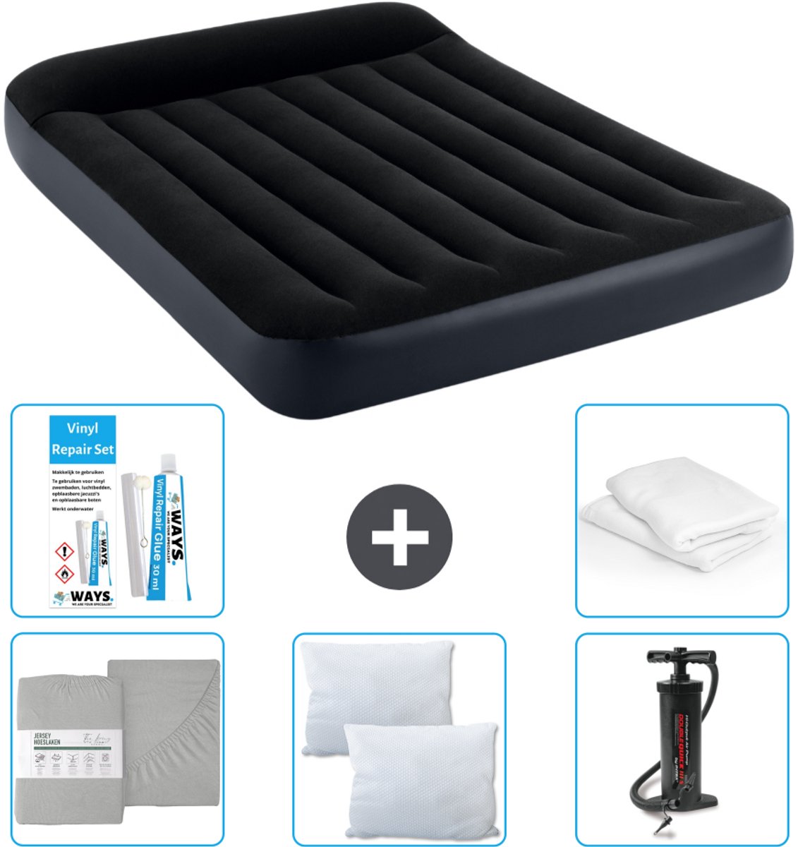 Intex Luchtbed - Twijfelaar - 137 x 191 x 25 cm - Donkerblauw - Inclusief Hoeslaken - Kussen - Pomp - Reparatieset en Kussenbeschermer