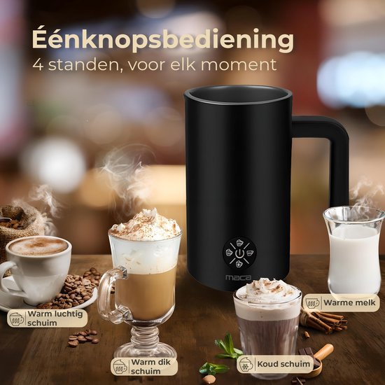 Zwarte melkopschuimer met éénknopsbediening toont warme en koude melkdrankjes.