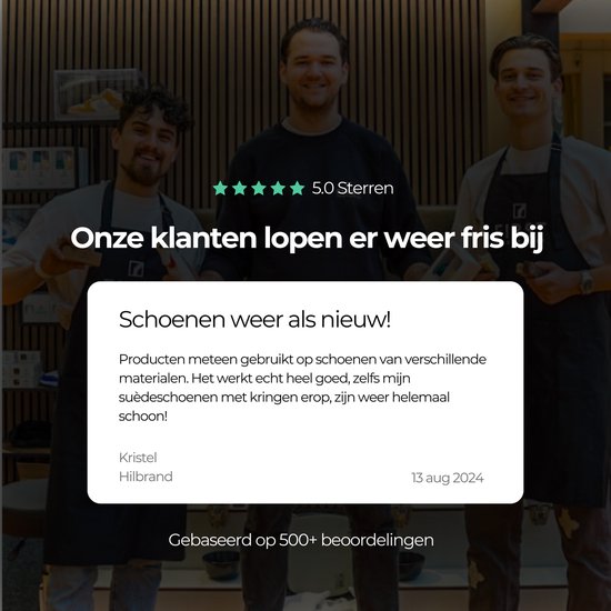 Drie mannen in schorten met het First Amsterdam logo, met op de voorgrond een tekstballon met een positieve review over schoenreiniger.