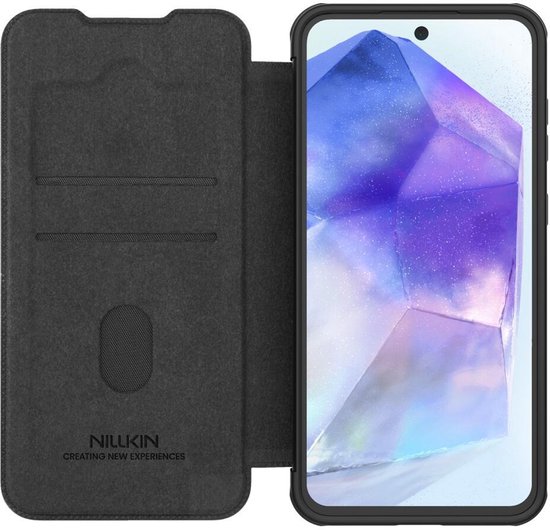 Étui Nillkin Qin Pro pour Samsung Galaxy A56 – Étui à rabat avec curseur pour appareil photo – Espace pour deux cartes, Zwart