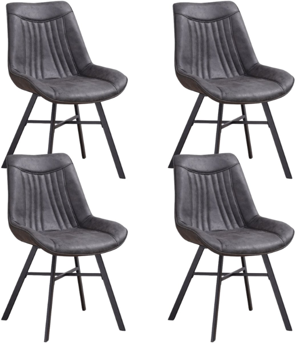 Dimehouse Set van 4 Eetkamerstoelen Jada Antraciet Eco-leer - Zonder Armleuningen - Ecolee