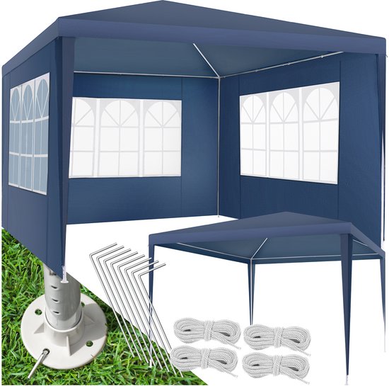 tectake® Paviljoen - met versterkt frame - Partytent 3x3 m - Waterdicht Zeildoek - Verwijderbare Zijpanelen - Weerbestendige Tuinpaviljoen - Inclusief Spanlijnen en Haringen - Blauw - Pop-up Vouwtent