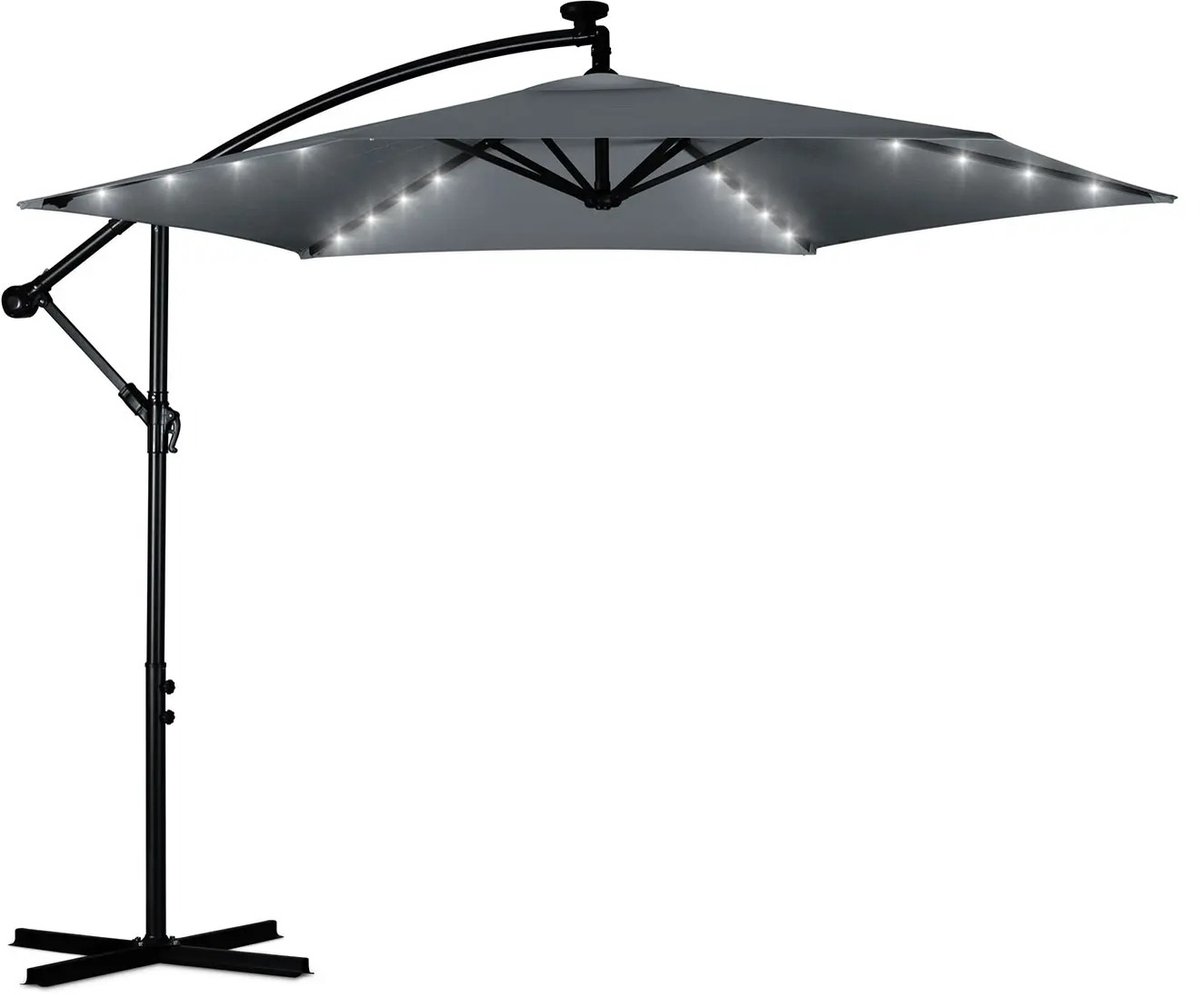 Jurrys Parasol - Zweefparasol - Schaduwdoek - Tuinparasol - Inclusief verlichting - Complete set - Polyester - Grijs - 300cm