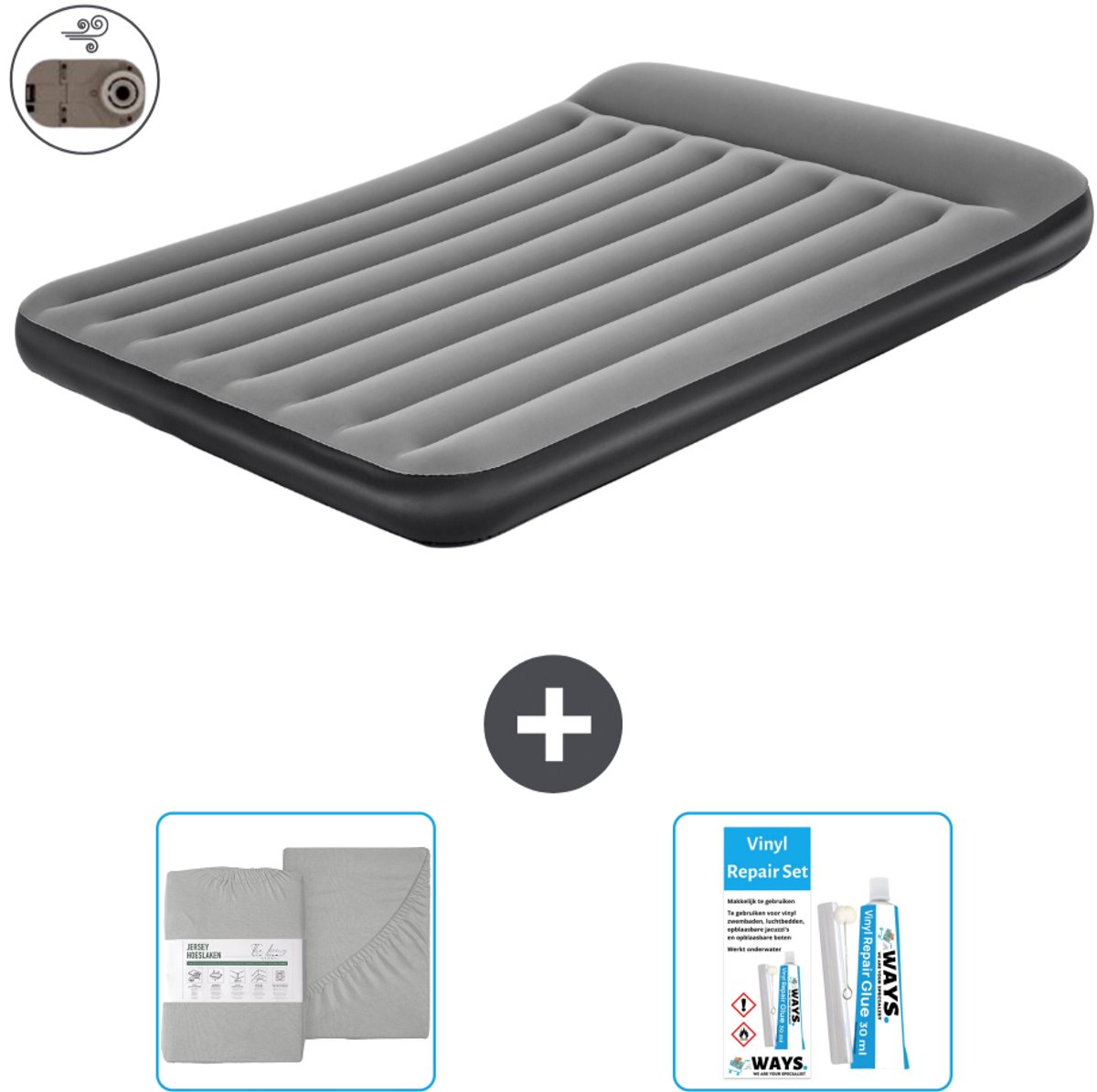 Bestway luchtbed - 2-Persoons - 152 x 203 x 30 cm - Grijs - Inclusief pomp - Hoeslaken en Reparatieset