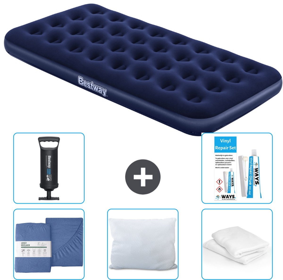 Bestway luchtbed - 1-Persoons - 99 x 188 x 22 cm - Blauw - Inclusief Hoeslaken - Kussen - Kussenbeschermer - Pomp en Reparatieset