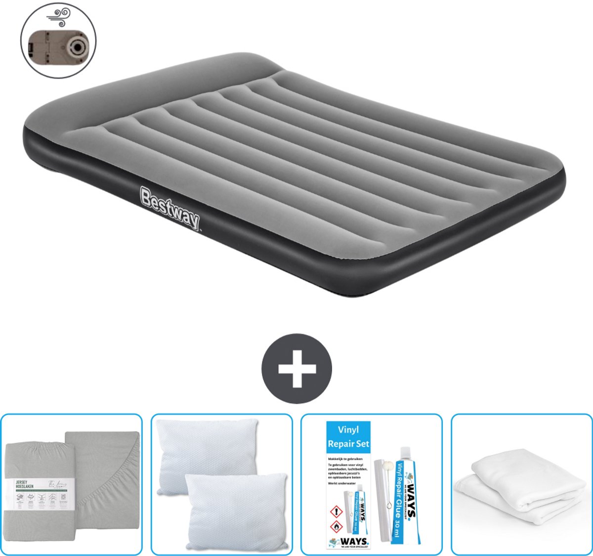 Bestway luchtbed - Twijfelaar - 137 x 191 x 30 cm - Grijs - Inclusief pomp - Hoeslaken - Kussen - Kussenbeschermer en Reparatieset