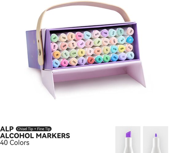 Paarse opbergdoos met handvat, met daarin 40 pastelkleurige markers. Twee markers zijn ernaast te zien.