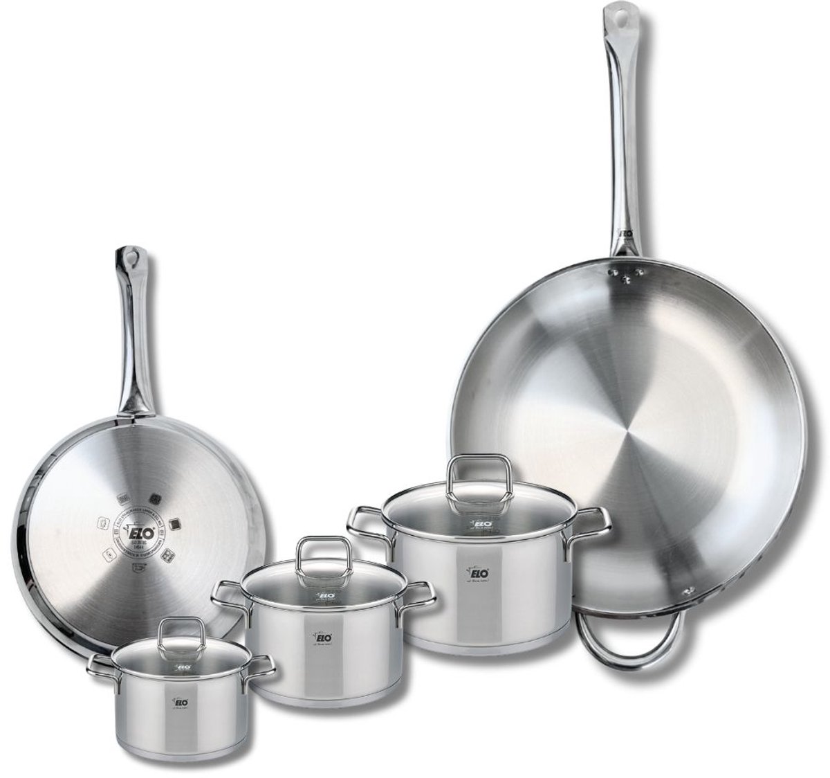 Set van 2 Koekenpannen 24 en 32 cm en 3 kookpotten 12, 14 en 16 cm Elo Profi Citrin
