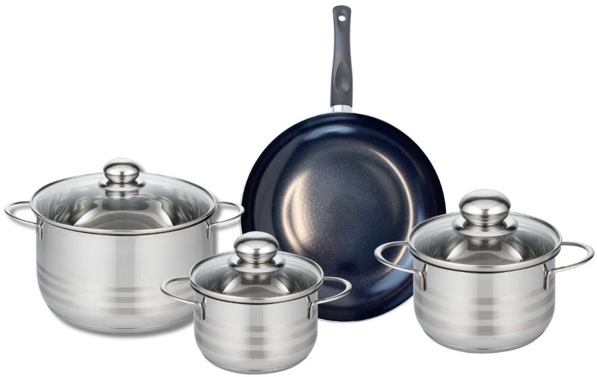 Set van 1 Koekenpan 24 cm en 3 kookpotten 14, 16 en 20 cm Elo Prima Glanzend