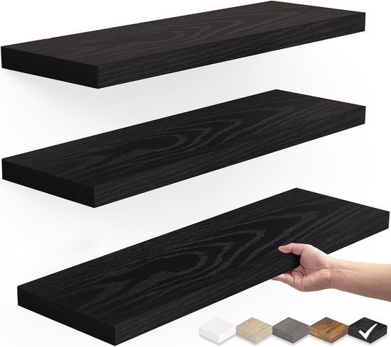 Étagères murales flottantes en bois rustique pour salle de bain, chambre, salon, cuisine, étagères suspendues pour livres, rangement et décoration, capacité de charge de 22 lb (noir, lot de 3, 15,7 pouces)