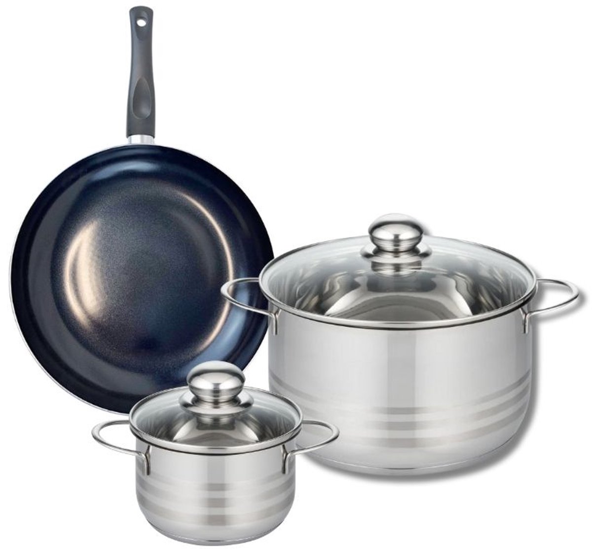 Set van 1 Koekenpan 24 cm en 2 kookpotten 14 en 24 cm Elo Prima Glanzend