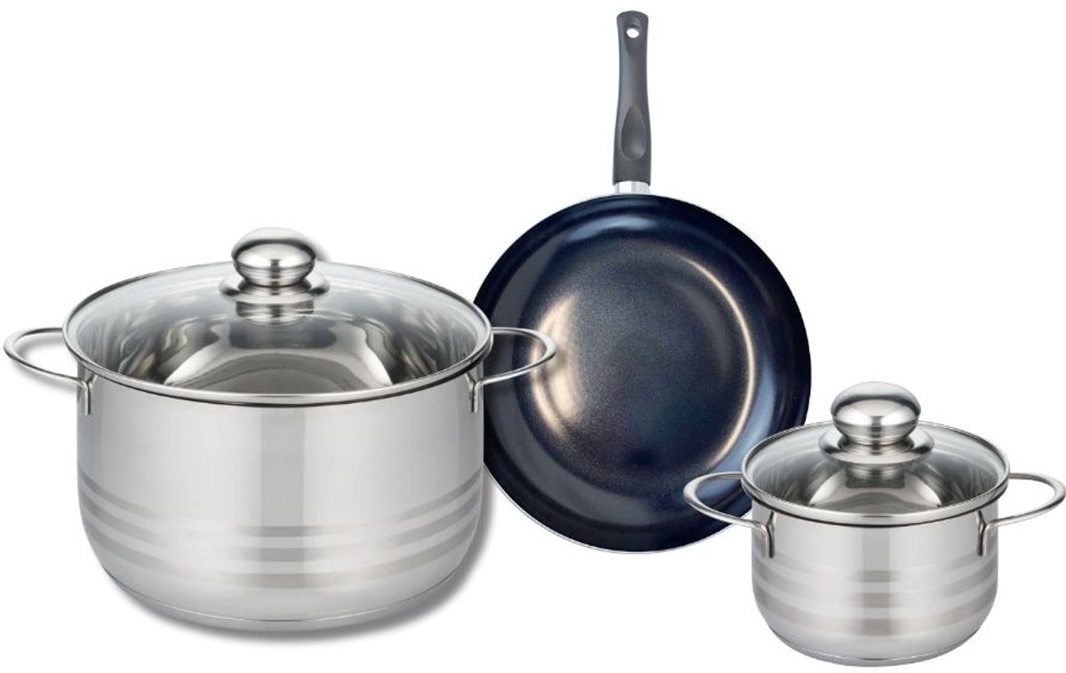Set van 1 Koekenpan 20 cm en 2 kookpotten 14 en 24 cm Elo Prima Glanzend