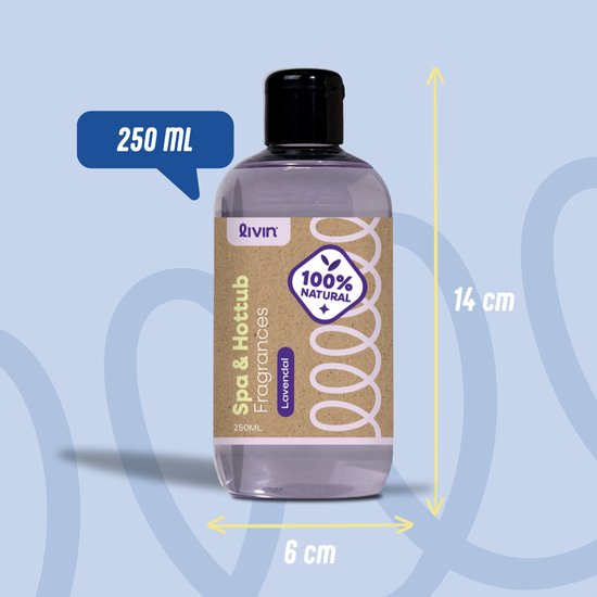 Fles lavendelgeur van 250ml, 14 cm hoog en 6 cm breed, met een etiket waarop '100% NATURAL' staat.