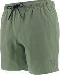 Maillot de bain vert kaki avec cordon noir et blanc et logo foncé sur l'ourlet.