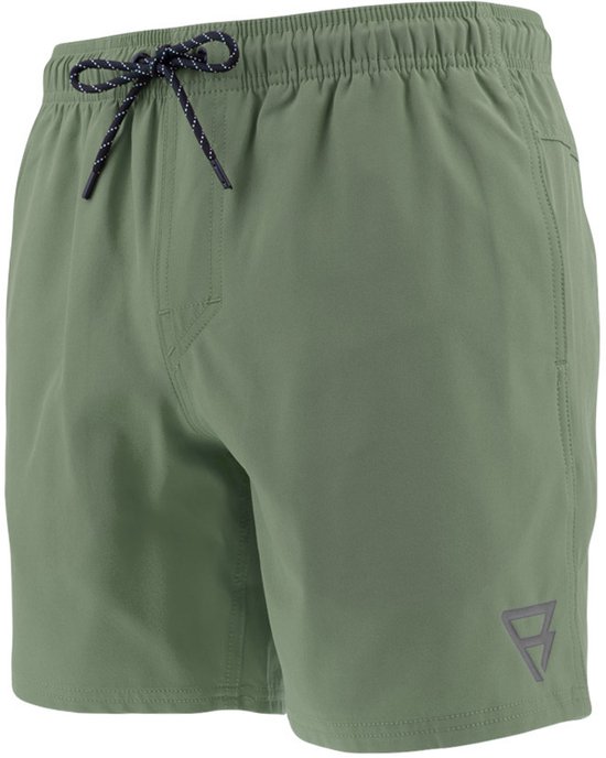 Maillot de bain vert kaki avec cordon noir et blanc et logo foncé sur l'ourlet.
