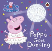 Peppa Pig in een witte jurk danst onder een discobal met confetti. Peppa Goes Dancing.