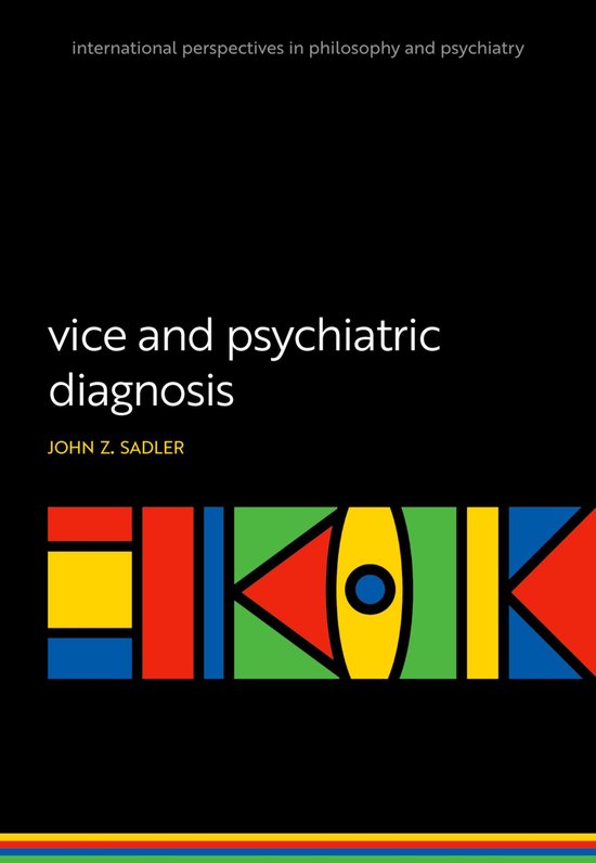 Boek 'vice and psychiatric diagnosis' met grafisch ontwerp in rood, geel, blauw, groen en zwart.