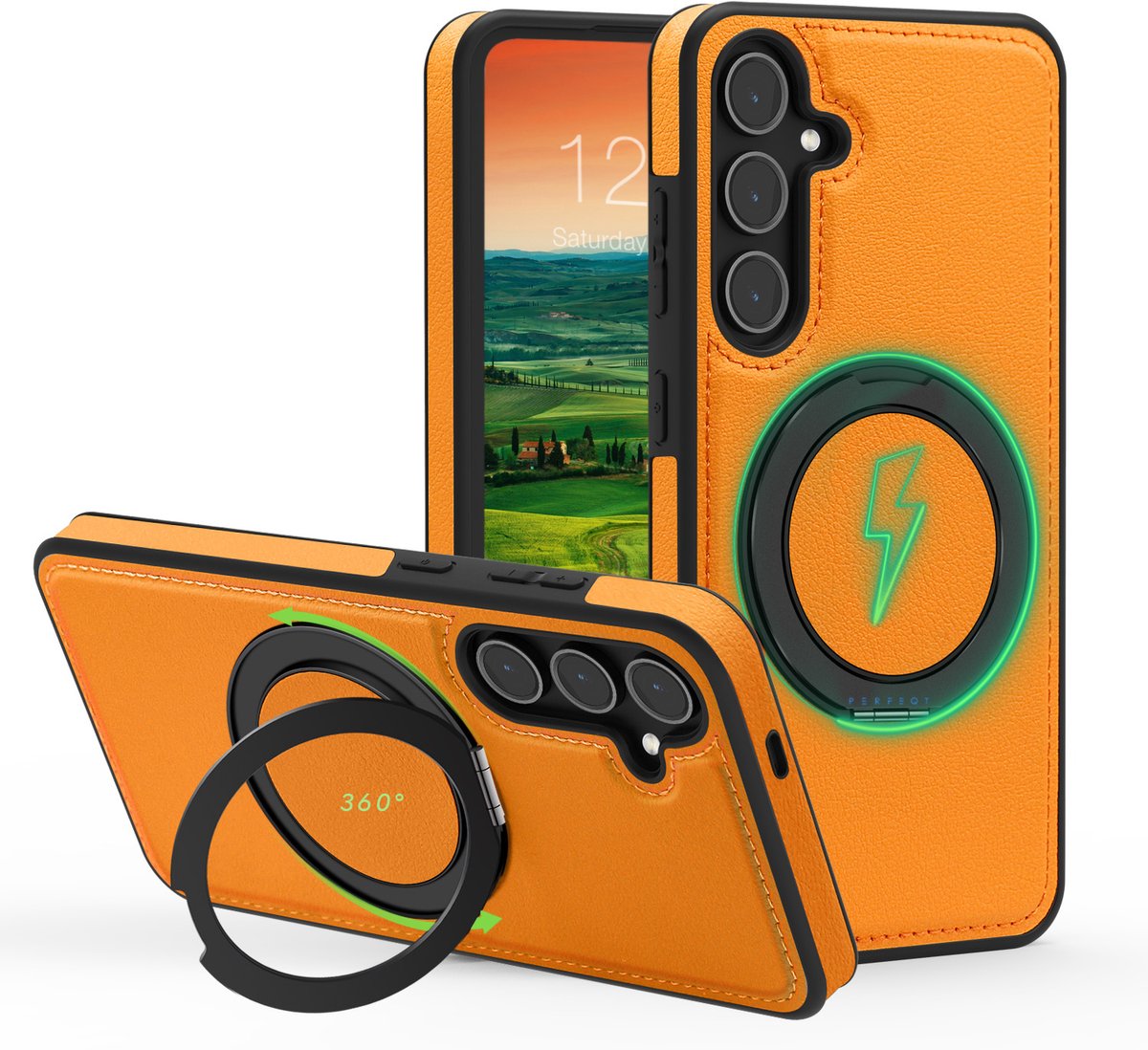 Perfeqt hoesje geschikt voor Samsung Galaxy S25 Plus leren BackCover met 360° Kickstand & Keyring houder - Sunset Orange