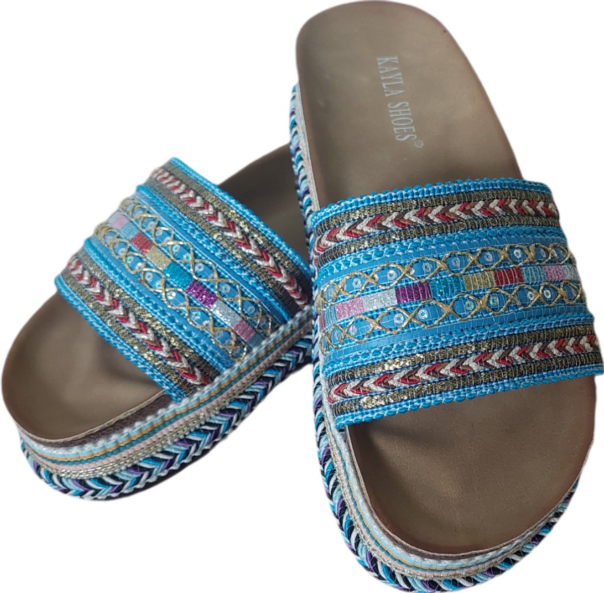 Slippers Dames Espadrilles Ibiza Style Kleur Blauw Met Glitter Voetbed Merk Kayla