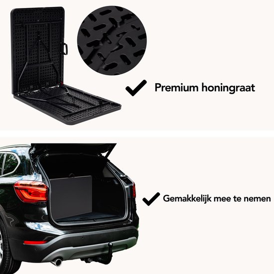 Zwarte tafel met honingraatstructuur, past in kofferbak auto.