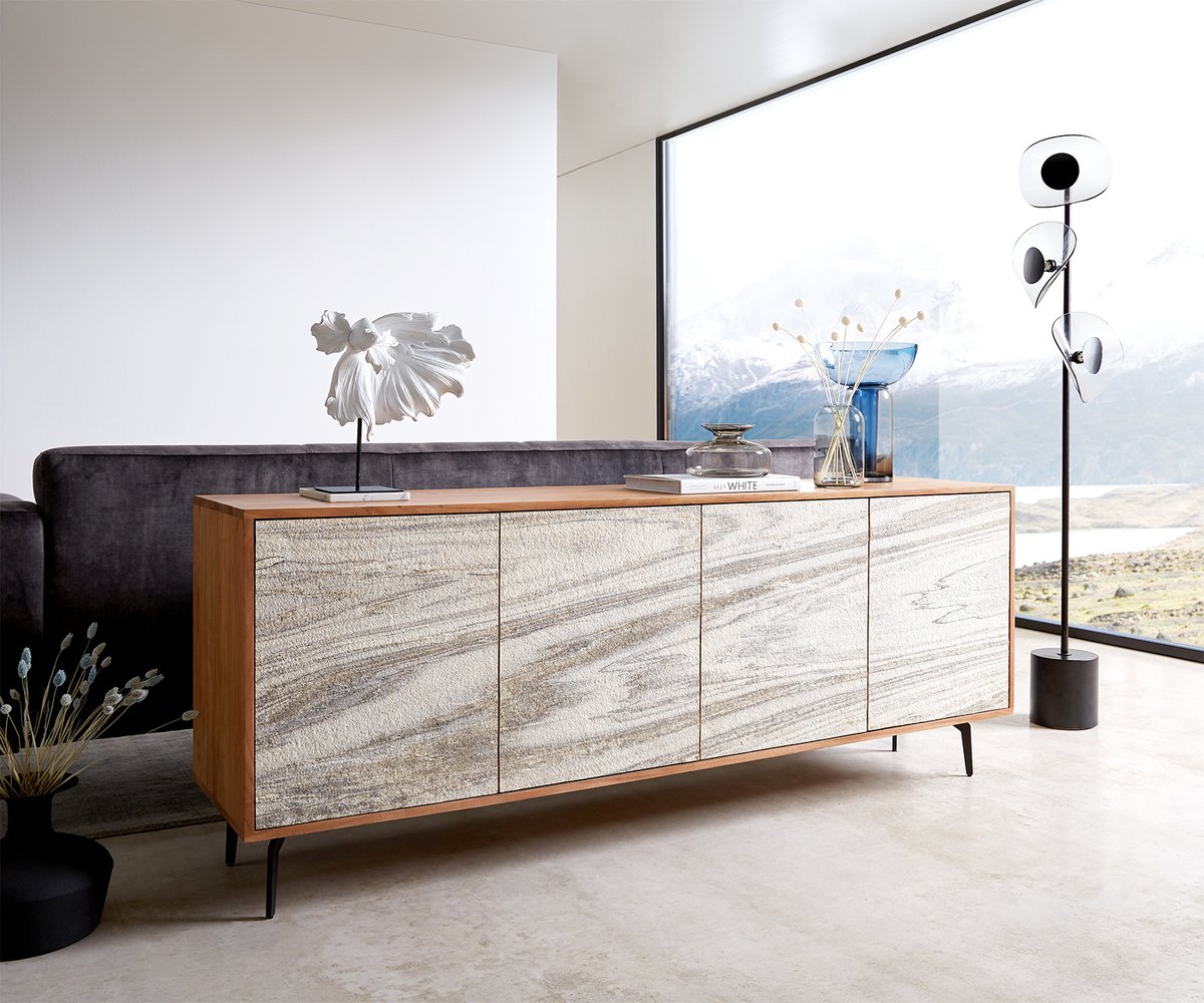 Commode Kleo acacia natuur 175 cm 4 deurs hoekig onderstel metaal zwart dressoir