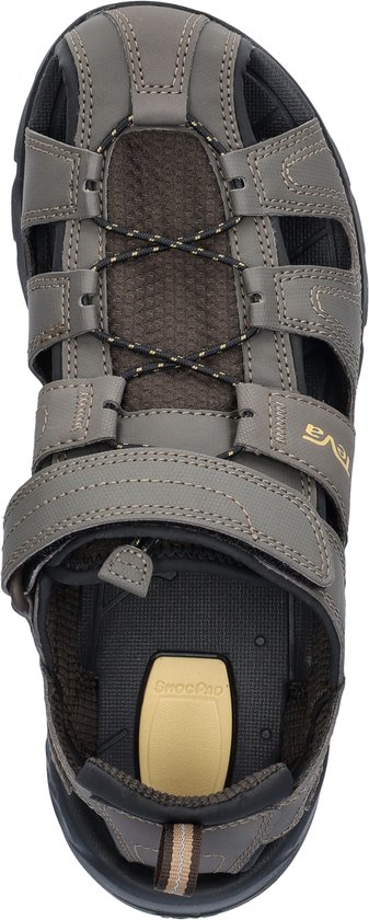 Bovenaanzicht van grijze Teva sandalen met "Teva" logo, klittenbandsluiting en veters.