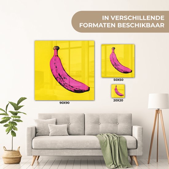 MuchoWow® Tableau sur verre 90x90 cm - Tableau acrylique sur verre - Banane - Graphique - Jaune - Photo sur verre - Décoration murale salon - Décoration murale chambre - Peintures