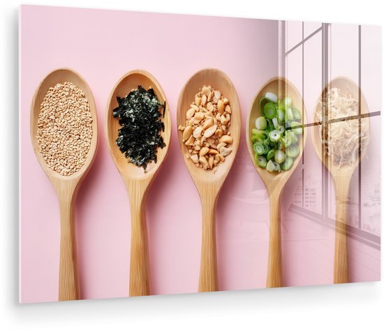 MuchoWow® Glasschilderij 180x120 cm - Schilderij acrylglas - Ingrediënten - Lepels - Hout - Roze - Foto op glas - Muurdecoratie woonkamer - Wanddecoratie slaapkamer - Schilderijen