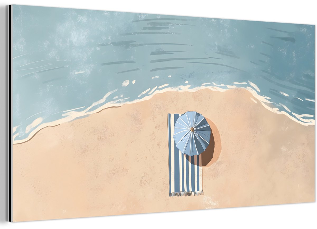 Aluminium schilderij 40x20 cm - Wanddecoratie metaal - Strandlaken - Strepen - Parasol - S