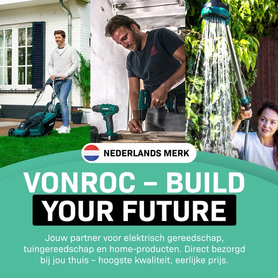 Collage: man met grasmaaier, man met boormachine, dame met tuinslang. Logo VONROC.