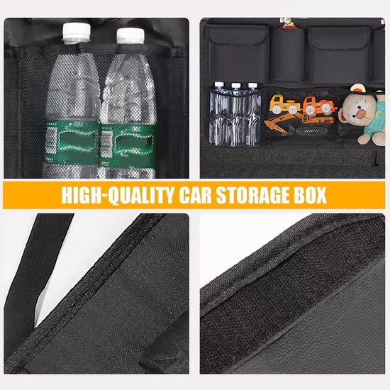 Detailopnames van de 'HIGH-QUALITY CAR STORAGE BOX', met netvakken en duurzame materialen.