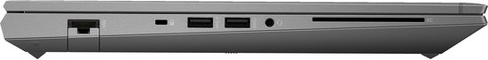 Linkerzijkant van zilveren laptop met poorten: RJ45 Ethernet, USB-A, USB-C, audioaansluiting en SD-kaartlezer.