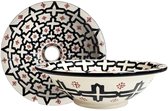 Lavabo marocain artisanal FEZ - Zwart/ Wit avec des touches de rouge - Vasque à poser en céramique Ø 40 cm - Lavabo - Lavabo arabe