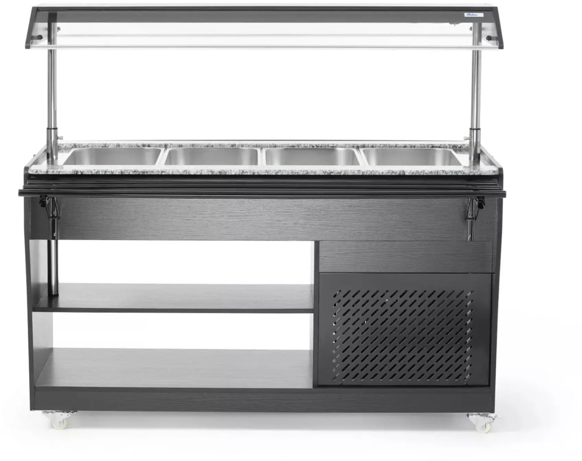 Arktic Gekoeld Buffet - Hout/RVS - 4x GN 1/1 - +2°C/+10°C - Statisch - Verlichte Liftkap - Wielen - 1490x765x1370mm