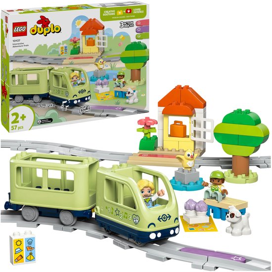 Boîte LEGO Duplo Train d'Aventure Interactif avec train, figurines, maisonnette et arbre.