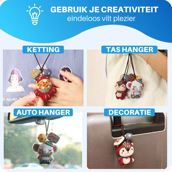Voorbeelden van viltcreaties: een ketting, een tashanger met olifantjes en een auto-hanger met olifantje en vosje.