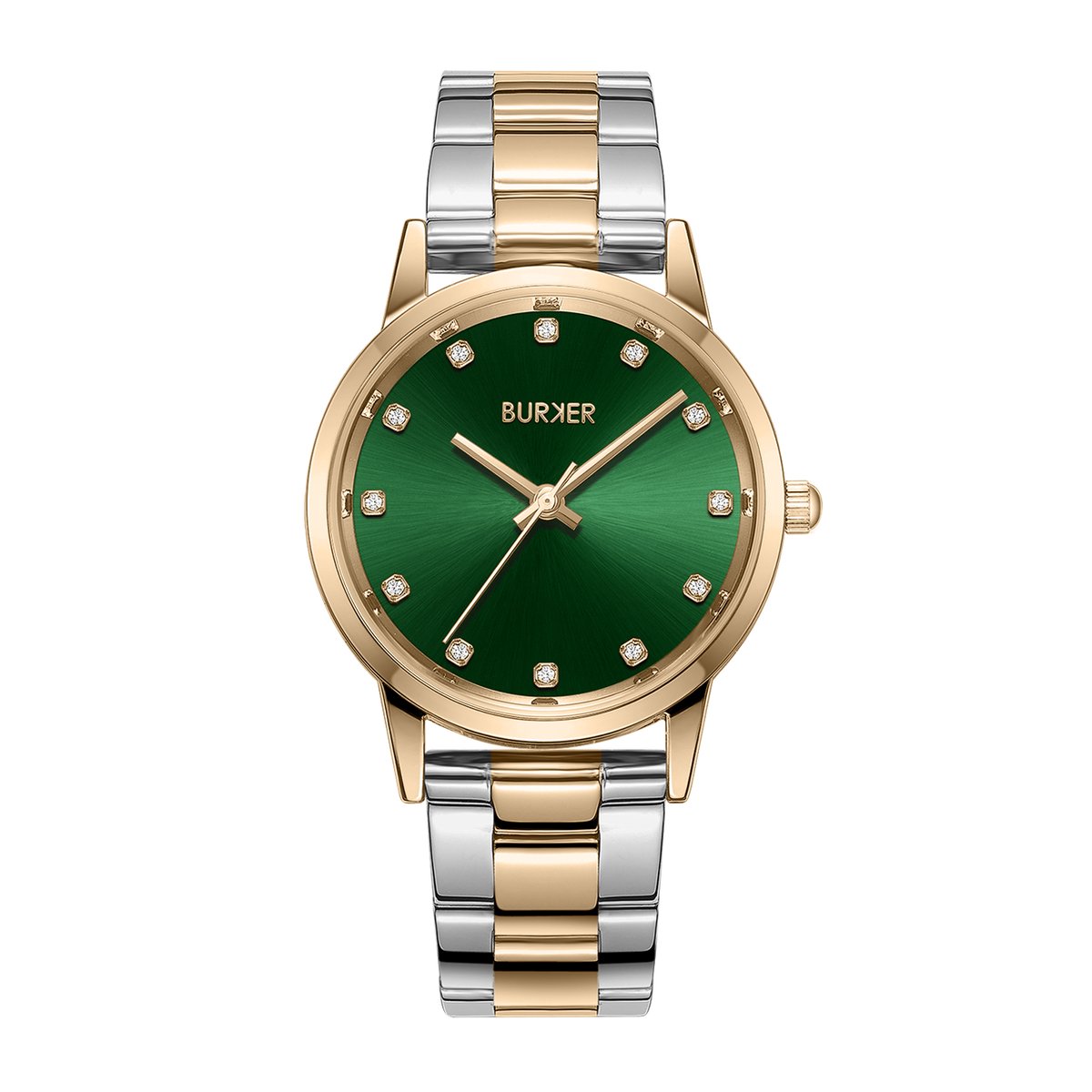 BURKER Amy Horloge Dames - Rond - Goud Zilver Groen - Schakelband - Zirkonia - 32mm