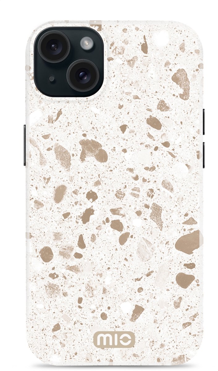 Mio by Mobilize Hoesje geschikt voor Apple iPhone 15 MagSafe Telefoonhoesje Hardcase | Mio by Mobilize Backcover | Geschikt voor MagSafe | Geschikt voor Draadloos Opladen met Magnetische Ring | Geschikt voor MagSafe Case - Soft Terrazzo | Wit,goud