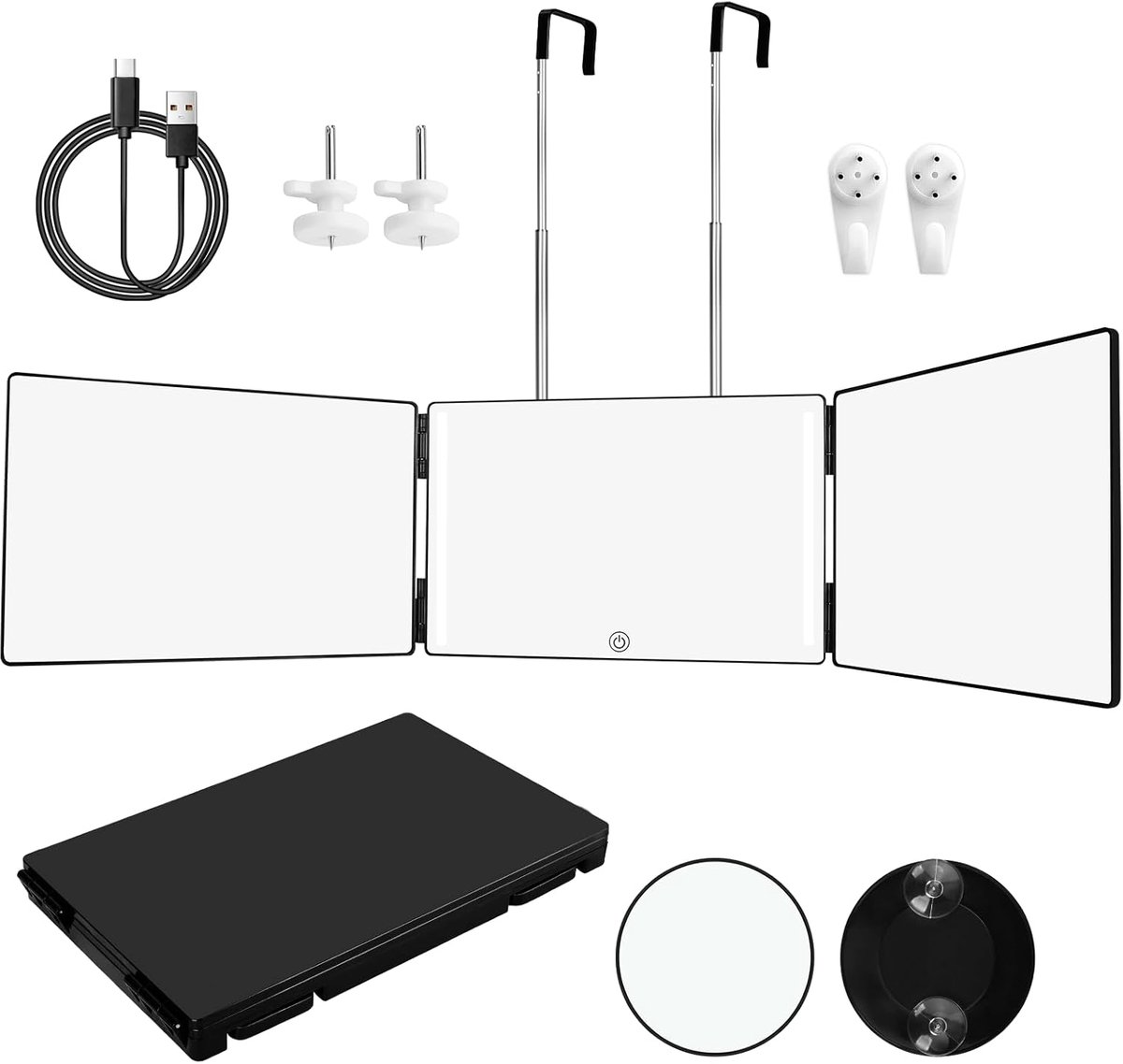 360 Degree Hairdressing Mirror - 3-Way Mirror with LED Lights and Adjustable Hooks - Perfect for Cutting, Shaving, Makeup, and Hair Styling - Includes 10X Magnifying Mirror