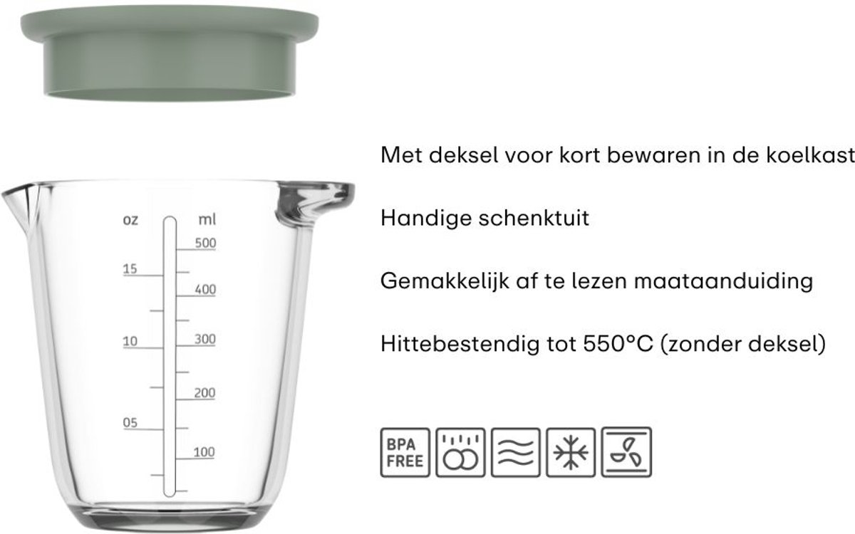 Mepal Glas maatbeker met deksel Chef it - 500 ml - Maataanduiding - Vaatwasmachine-. magnetron- en ovenbestendig - Bakspullen - Nordic sage — afbeelding 3