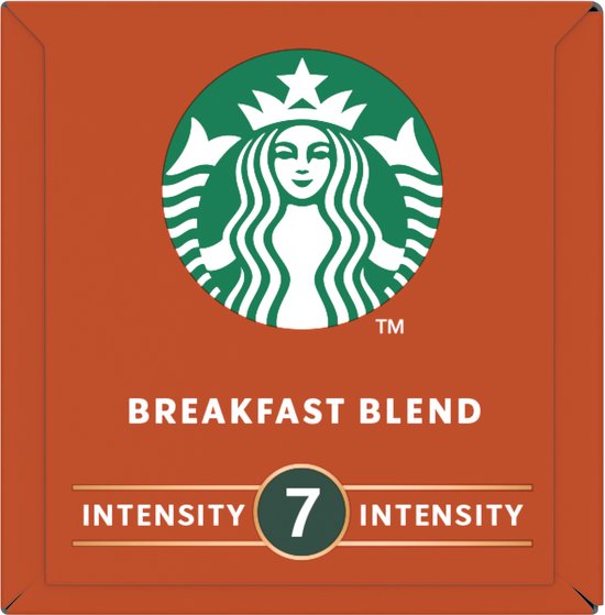 Emballage orange avec logo Starbucks, 'BREAKFAST BLEND' et 'INTENSITY 7'.