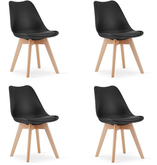 Set de 4 Chaises MARK – Zwart, Pieds en hêtre, assise en plastique avec coussin en similicuir, Design élégant, ergonomique, convient pour la Cuisine, la salle à manger, la cantine et l'espace de travail, max. 120 kg