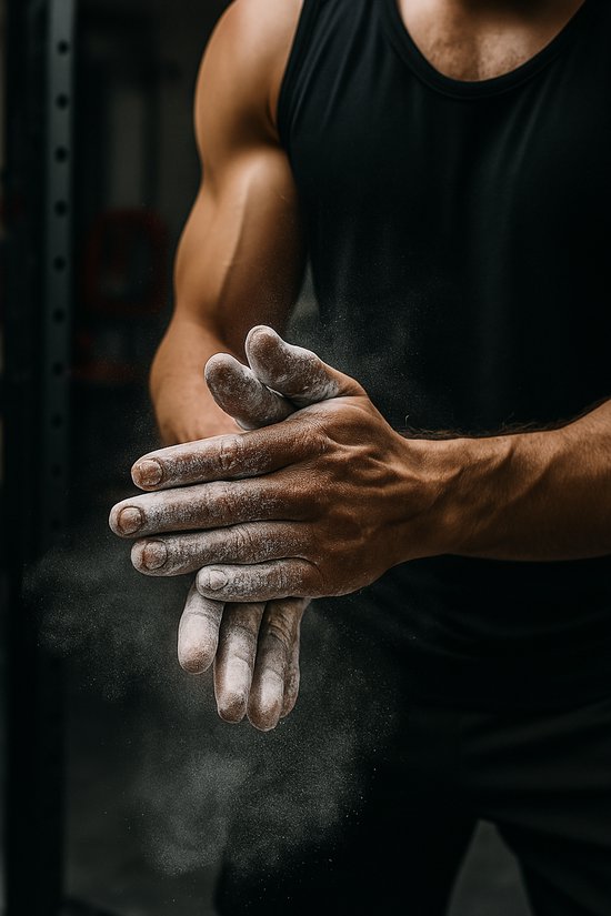 Close-up van handen met magnesium, klaar voor een training.