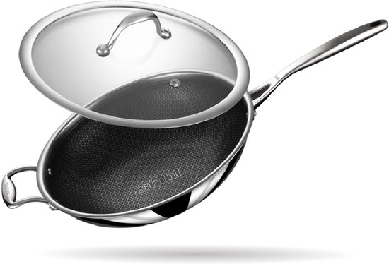 Stahl - Wok Triple avec poignée - Revêtement antiadhésif hexagonal - Couvercle en Verres inclus - 26 cm - Compatible induction - Pour 3-4 personnes