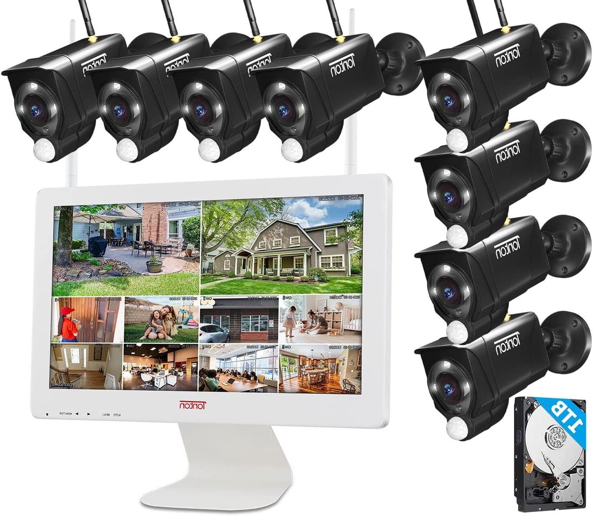 8CH audiobewakingsset met 156 "full HD LCD-monitor + 4 * 1080P camera met microfoon 1TB harde schijf metalen behuizing PIR bewegingsdetector Aangepast detectiegebied【Microfoon & PIR】